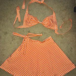 VTG 1940s 1950s Style Orange & White Gingham Playsuit Sun Top & Skirt Playset XS